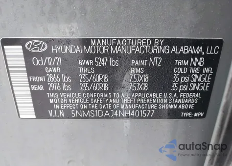 2022 Hyundai Santa Fe Se z USA, uszkodzony, nr VIN 5NMS1DAJ4NH401577